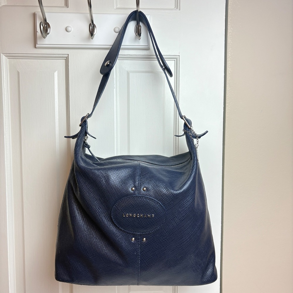 Longchamp Navy Blue Textured Leather Hobo Shoulder Bag Large Crosshatch Zipper